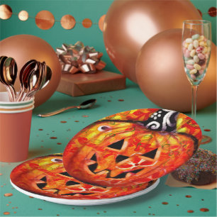 Whimsisches Halloween-Jack-O-Lantern Abstrakt-Oran Pappteller