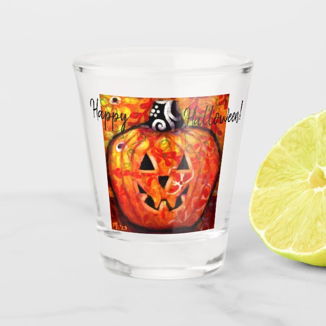 Whimsisches Halloween-Jack-O-Lantern Abstrakt-Oran Schnapsglas (Vorderseite)