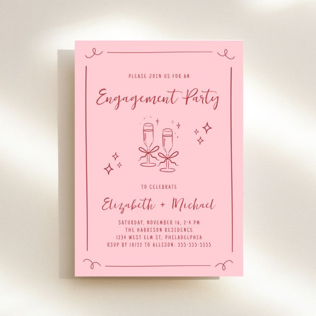 Whimsisches Handgezeichnetes rosa rotes Engagement Einladung (Whimsical pink + red engagement party invitation to set the tone for an unforgettable event)