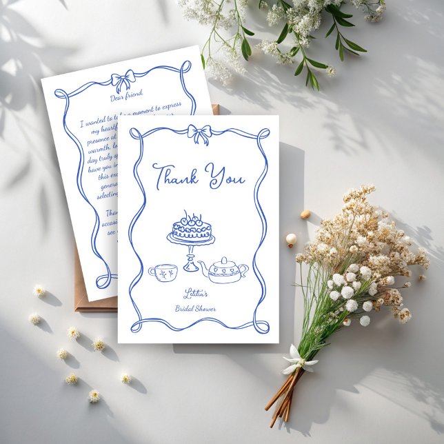 Whimsisches handgezogenes Bugbridal-Party Dankeskarte (Whimsical hand drawn bow bridal tea party thank you card bridal shower tea party thank you cards)