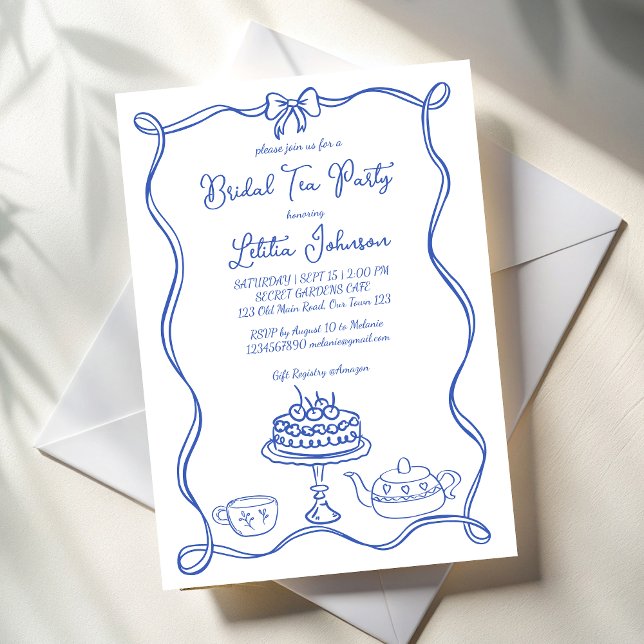 Whimsisches handgezogenes Bugbridal-Party Einladung (Whimsical hand drawn bridal tea party invitation template dusty blue ribbon bow border tea invites)