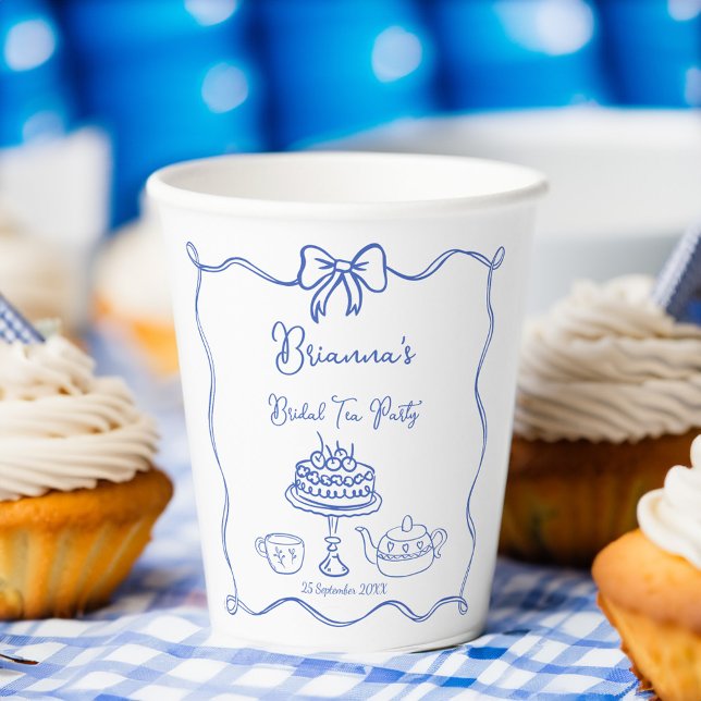 Whimsisches handgezogenes Bugbridal-Party Pappbecher (Whimsical hand drawn bow bridal shower tea party monogrammed paper cups personalized party decor)