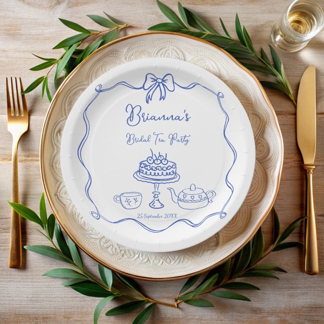 Whimsisches handgezogenes Bugbridal-Party Pappteller (Whimsical hand drawn bow bridal tea party monogrammed paper plates personalized table decor)