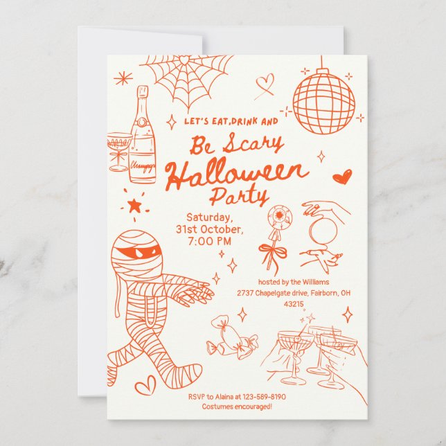 Whimsisches handgezogenes Doodle-Halloween-Party Einladung (Vorderseite)