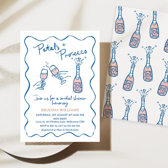 Whimsisches Handgezogenes Petals Prosecco-Brautpar Einladung (Petals and Prosecco Bridal Shower Invitation Whimsical, Hand Drawn Illustration, Blue Pink Bottle)