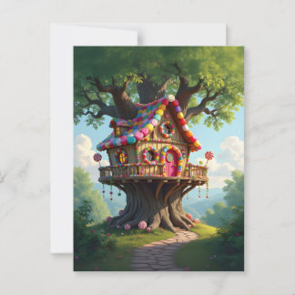 Whimsisches Haus mit farbenfrohen Kaninchen Postkarte