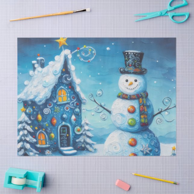 Whimsisches Haus & Snowman Weihnachtsdekoupage Seidenpapier (Basteln)