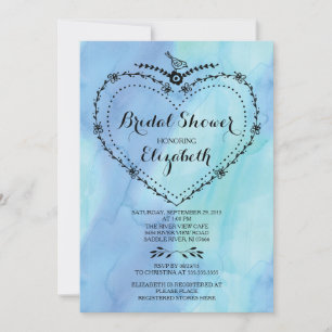 Whimsisches Heart Blue Watercolor Brautparty Einladung