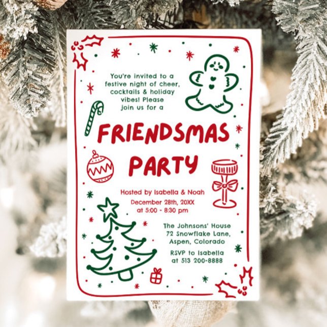 Whimsisches Holiday Hand Drawn Friendsmas Party Einladung (Whimsical Holiday Hand Drawn Friendsmas Party Card)