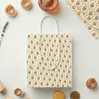 Whimsisches Honigbienen- und Gold-Sechseck-Muster Mittlere Geschenktüte