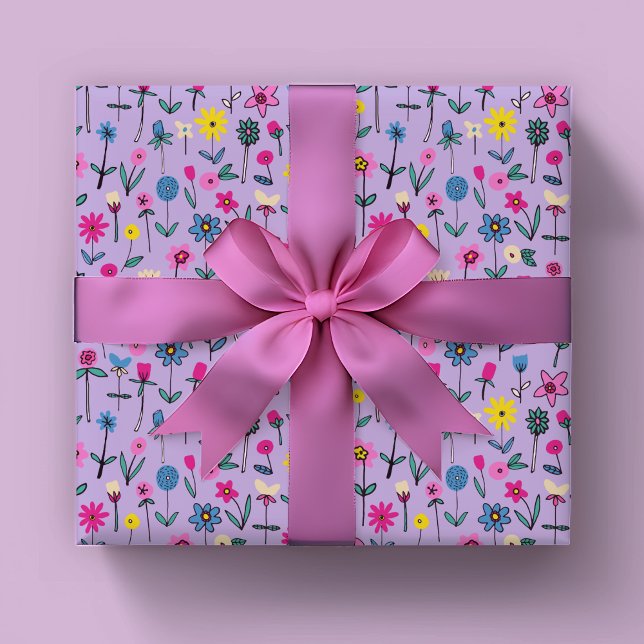 Whimsisches Kids-Muster Geschenkpapier (Floral wildflower wrapping paper in lilac and pink. Perfect for girls birthday party or baby shower)