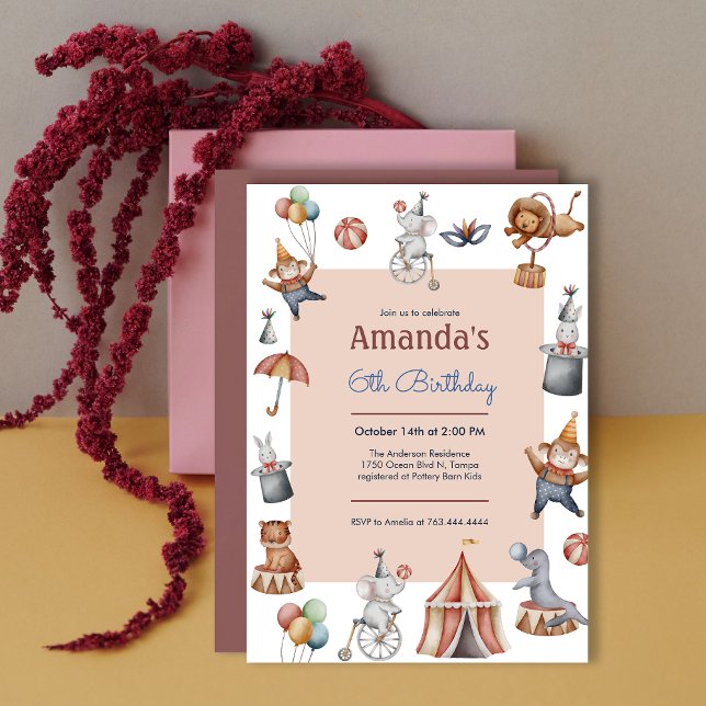 Whimsisches Kindergeburtstag-Party Einladung (Whimsical Animals Circus Birthday Party Invitation)
