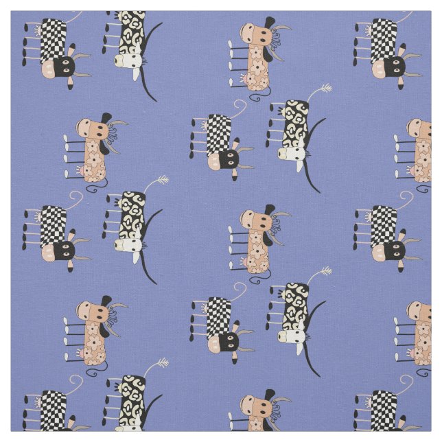 Whimsisches Kuhmuster auf blau Stoff (Muster)
