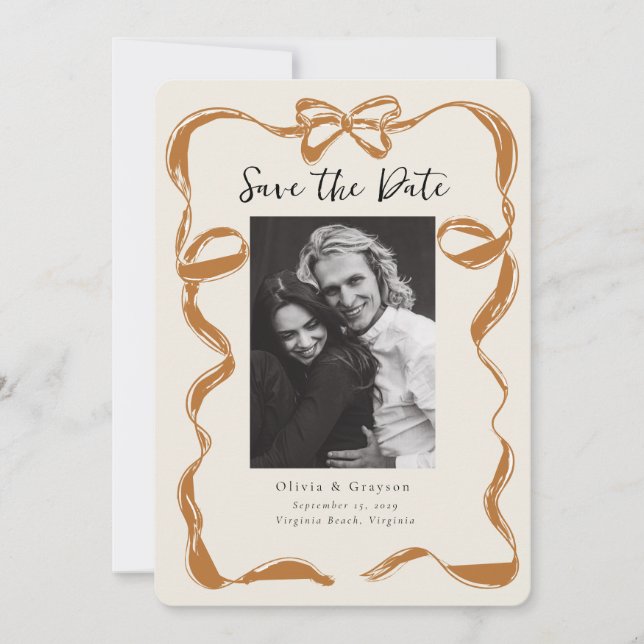 Whimsisches Kupfer-Foto Bow Save the Date (Vorderseite)