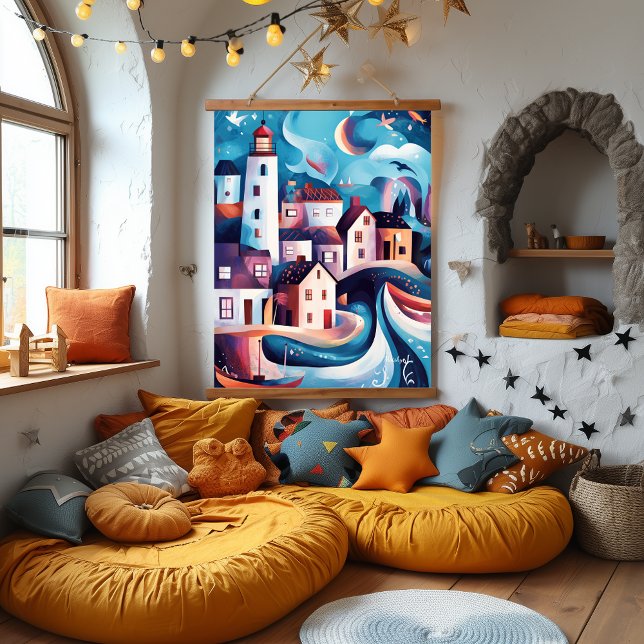 Whimsisches Küstendorf Artwork Wandteppich Mit Holzrahmen (Von Creator hochgeladen)