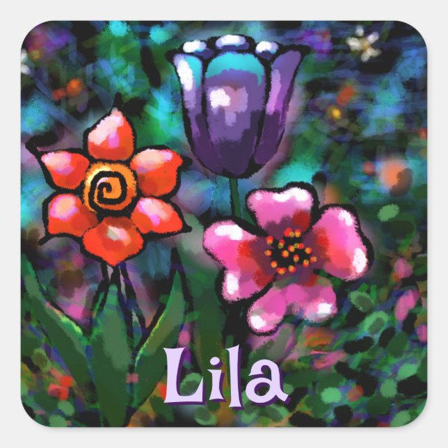 Whimsisches Lila Blau Pink Personalisiert Quadratischer Aufkleber (Vorderseite)
