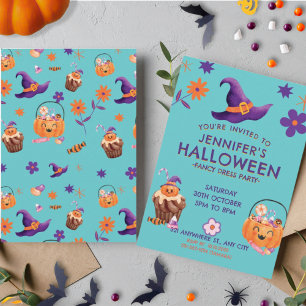 Whimsisches Lila Orange Kids Halloween-Party Einladung