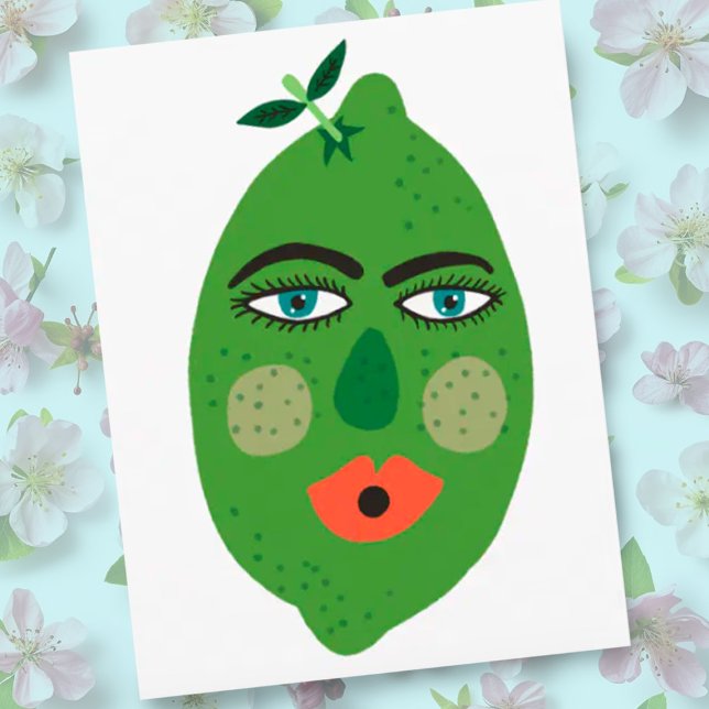 Whimsisches Limones Postkarten (Funny whimsical lime fruit with a face. Customize with your own text)