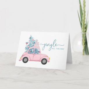 Whimsisches Mädchenhaftes Rosa Auto mit Weihnachts Feiertagskarte