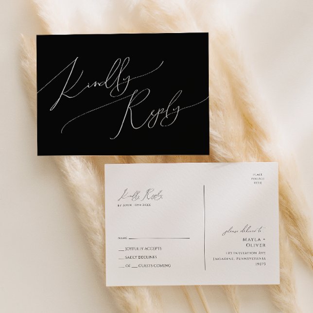 Whimsisches Minimalistisches Skript | Black Weddin Postkarte (Von Creator hochgeladen)