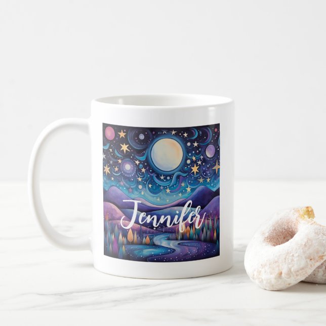 Whimsisches Nachtleben Big Moon Landschaft Kaffeetasse (Mit Donut)
