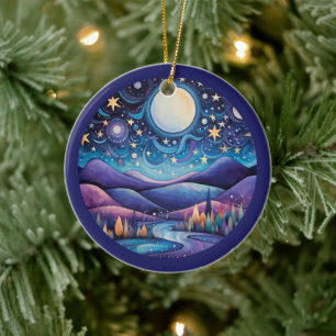 Whimsisches Nachtleben Big Moon Landschaft Keramik Ornament
