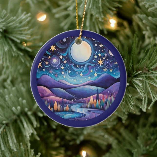 Whimsisches Nachtleben Big Moon Landschaft Keramik Ornament (Baum)