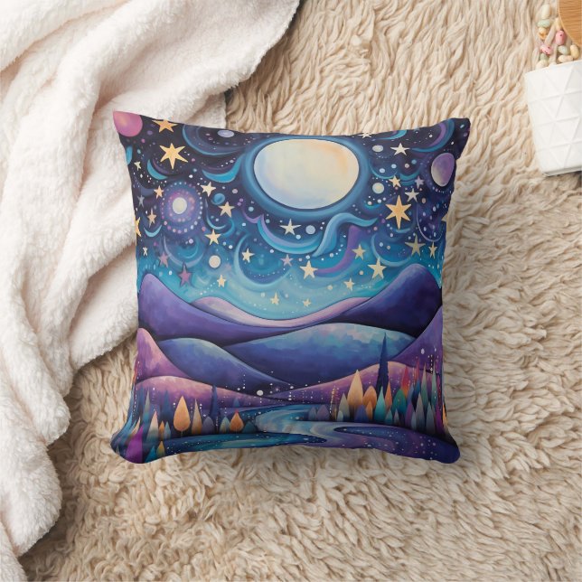 Whimsisches Nachtleben Big Moon Landschaft Kissen (Decke)