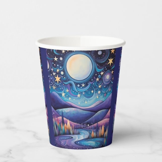 Whimsisches Nachtleben Big Moon Landschaft Pappbecher (Links)