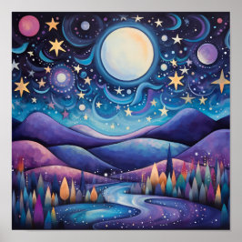 Whimsisches Nachtleben Big Moon Landschaft Poster