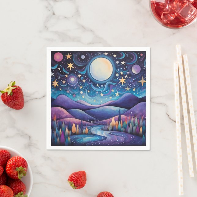 Whimsisches Nachtleben Big Moon Landschaft Serviette (Beispiel)