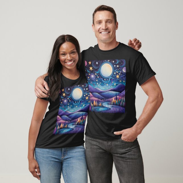 Whimsisches Nachtleben Big Moon Landschaft T-Shirt (Unisex)