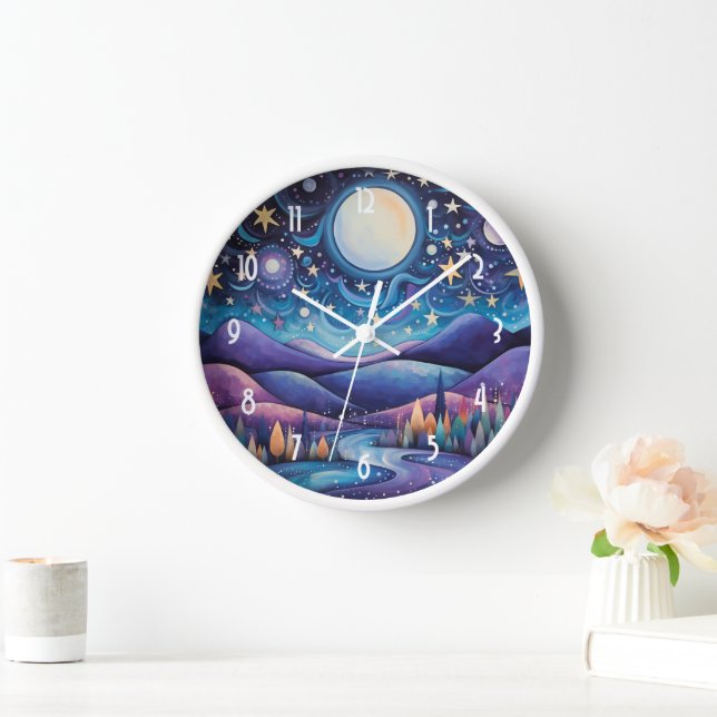Whimsisches Nachtleben Big Moon Landschaft Uhr (Zuhause)