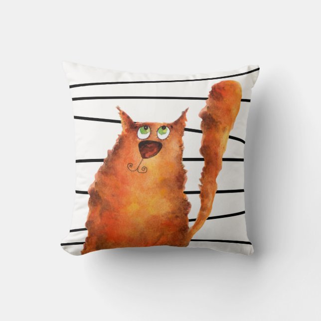 Whimsisches, neugieriges Katzen auf Streifenmuster Kissen (Vorderseite)