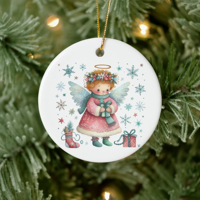 Whimsisches Niedlich Pink und Blauer Weihnachtsgel Keramik Ornament (Baum)