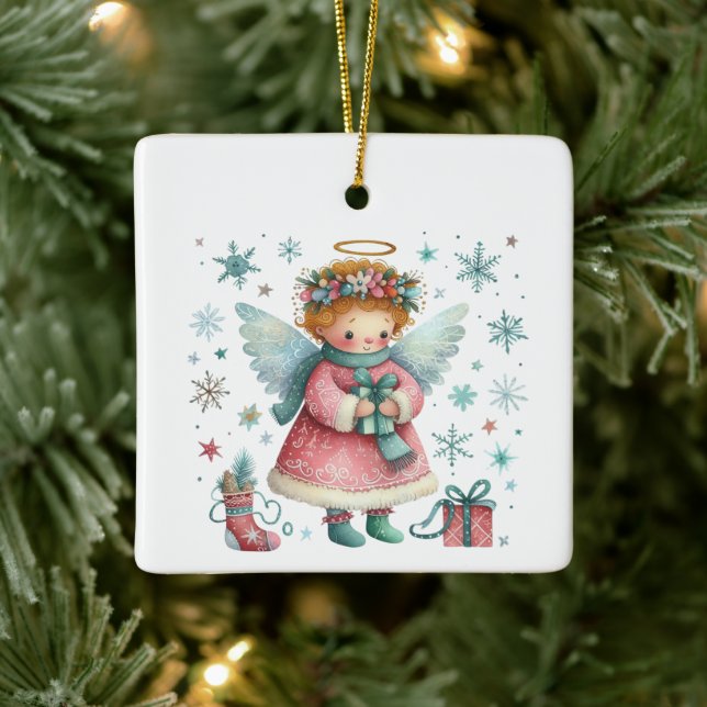 Whimsisches Niedlich Pink und Blauer Weihnachtsgel Keramikornament (Baum)
