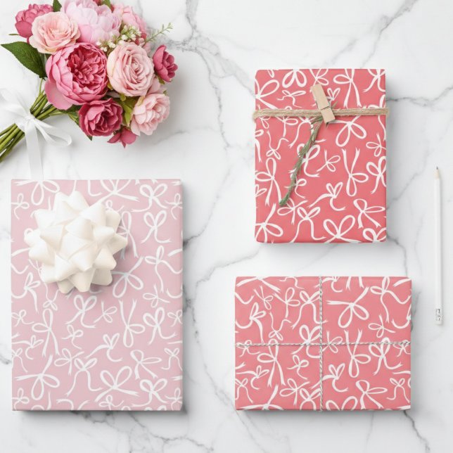Whimsisches Niedlich rosa, weißes Bows Muster Girl Geschenkpapier Set (Whimsical Cute Pink White Bows Pattern Girly Gift Wrapping Paper Sheets
)