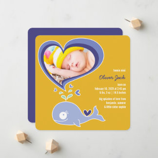 Whimsisches Niedliches Lila Whale Baby Boy Foto Bi Ankündigung