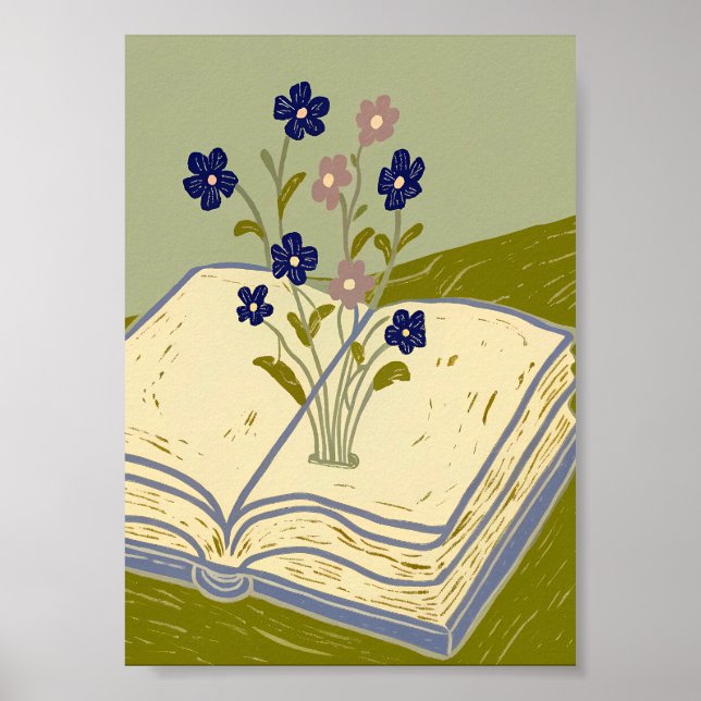 Whimsisches offenes Buch mit Wildblumen-Illustrati Poster (Vorne)