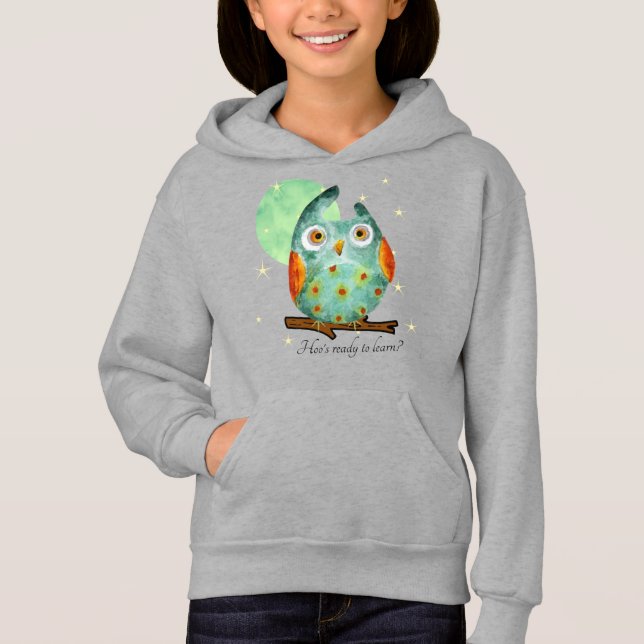 Whimsisches Owl Watercolor Style Name School auf d Hoodie (Vorderseite)