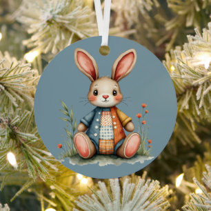 Whimsisches Patchwork Bunny Cottagecore Holz Ornament Aus Metall