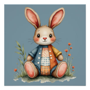 Whimsisches Patchwork Bunny Cottagecore Holz Poster
