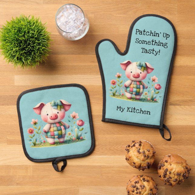 Whimsisches Patchwork Schweinefleisch im Blumengar Ofenhandschuh & Topflappen-Set (Oben Unten)