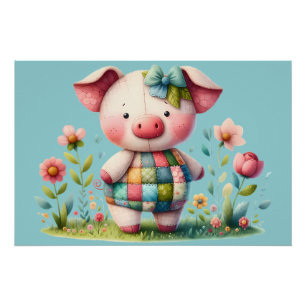 Whimsisches Patchwork Schweinefleisch im Blumengar Poster