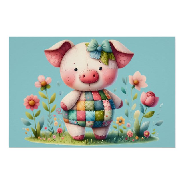 Whimsisches Patchwork Schweinefleisch im Blumengar Poster (Vorderseite)