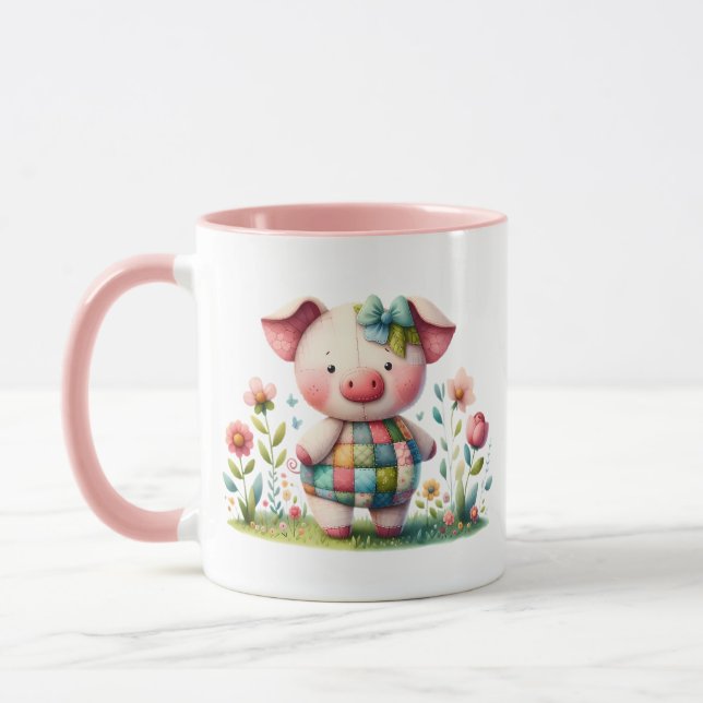 Whimsisches Patchwork Schweinefleisch im Blumengar Tasse (Links)