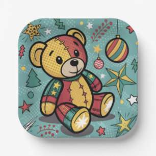 Whimsisches Patchwork Weihnachtsbär Pappteller
