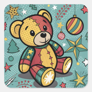 Whimsisches Patchwork Weihnachtsbär Quadratischer Aufkleber