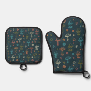 Whimsisches Pilzmuster Ofenhandschuh & Topflappen-Set