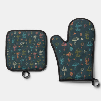 Whimsisches Pilzmuster Ofenhandschuh & Topflappen-Set